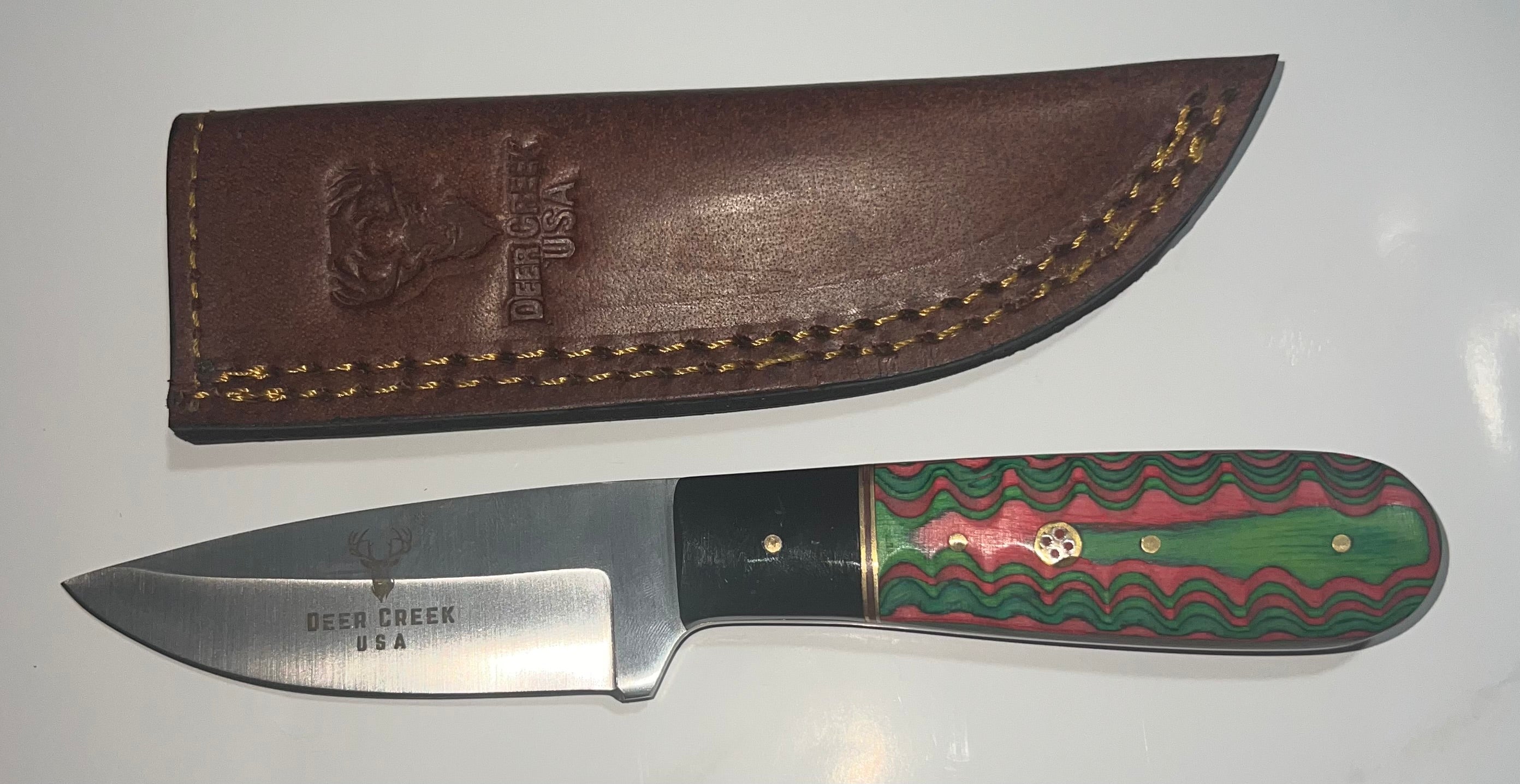 DC 012 8" Deer Creek Green & Black Spilt Pakkawood Handle Hunting Knife with Leather Sheath
