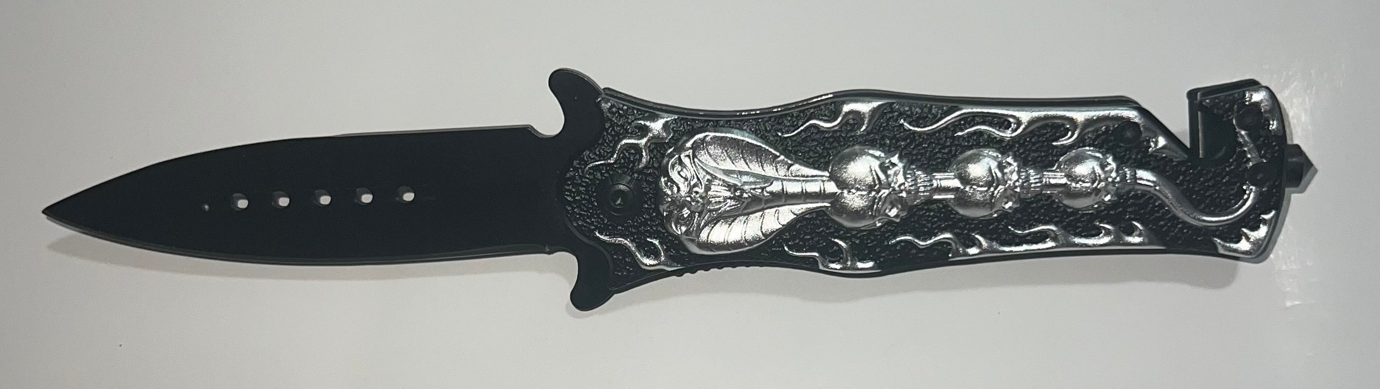 8” Spring Assisted Cobra Skull Design Knife with Stainless Steel Blade - Silver